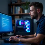 Technicien accédant au BIOS AORUS sur un PC de bureau avec écran affichant les paramètres système