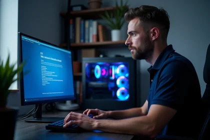 Technicien accédant au BIOS AORUS sur un PC de bureau avec écran affichant les paramètres système