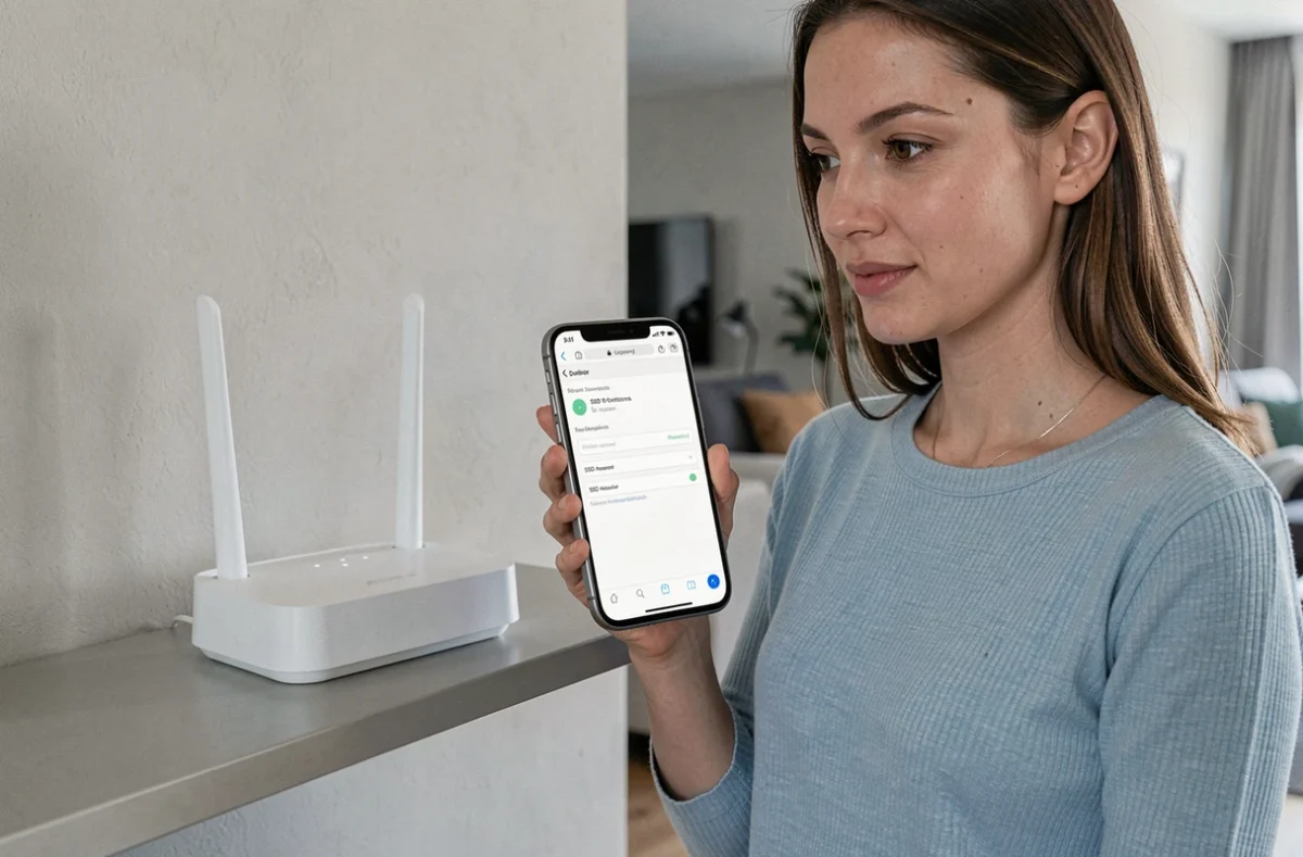 Femme accédant à l'interface de configuration WiFi via un smartphone pour modifier le mot de passe du réseau