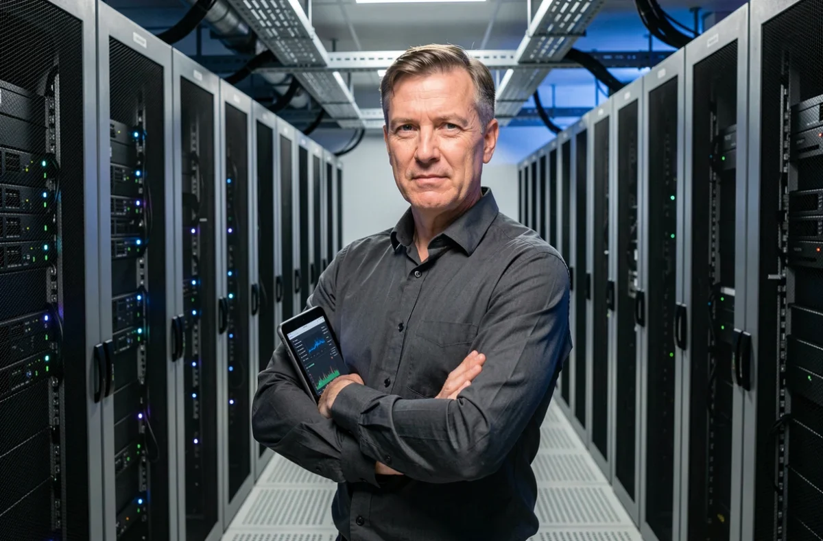 Ingénieur senior ACI Technology dans une salle de serveurs professionnelle entre deux rangées de baies informatiques