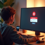 Adolescent surpris devant un écran Roblox avec erreur