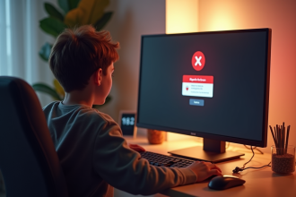 Adolescent surpris devant un écran Roblox avec erreur