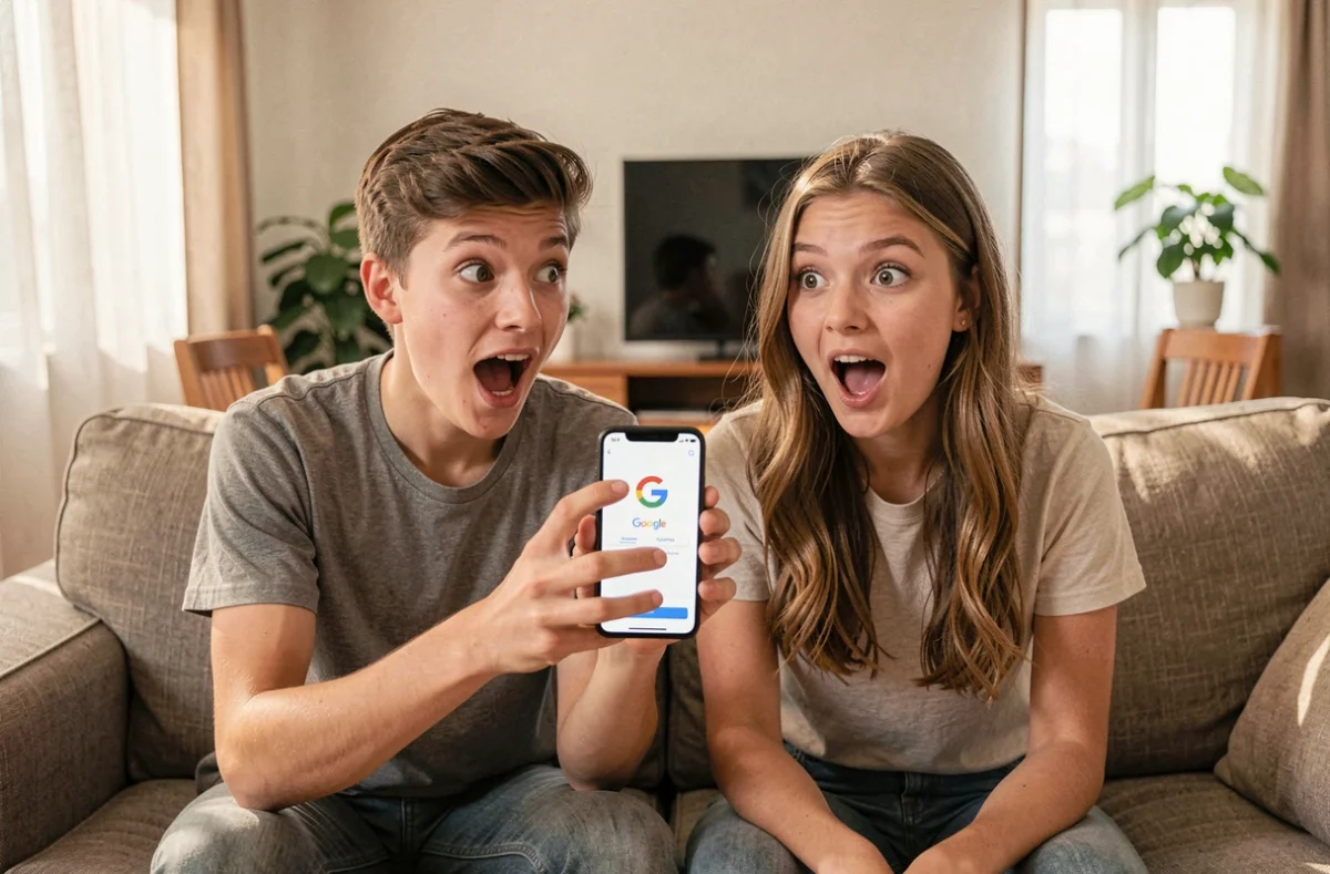 Deux adolescents surpris et amusés sur un canapé regardant un smartphone affichant l'effet Do a Barrel Roll de Google
