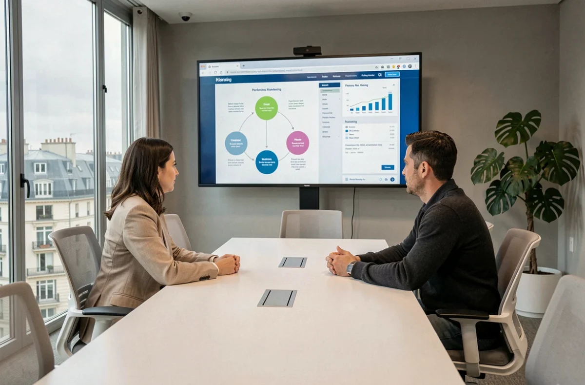 Équipe d'Adveris en réunion de stratégie web et marketing digital présentant un rapport de performance sur grand écran