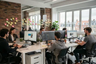 Vue d'ensemble d'une agence de développement web moderne dans les Hauts-de-France avec une équipe collaborative autour de postes de travail