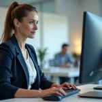 Agente administrative consultant la nouvelle interface du webmail Mel ouvert sur un écran d'ordinateur dans un bureau moderne