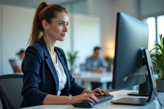 Agente administrative consultant la nouvelle interface du webmail Mel ouvert sur un écran d'ordinateur dans un bureau moderne