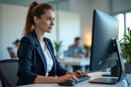 Agente administrative consultant la nouvelle interface du webmail Mel ouvert sur un écran d'ordinateur dans un bureau moderne