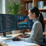 Analyste financière travaillant sur des scripts Python avec des visualisations de données sur un écran ultrawide dans un bureau moderne