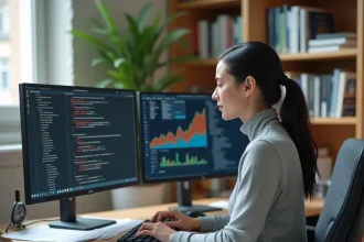 Analyste financière travaillant sur des scripts Python avec des visualisations de données sur un écran ultrawide dans un bureau moderne