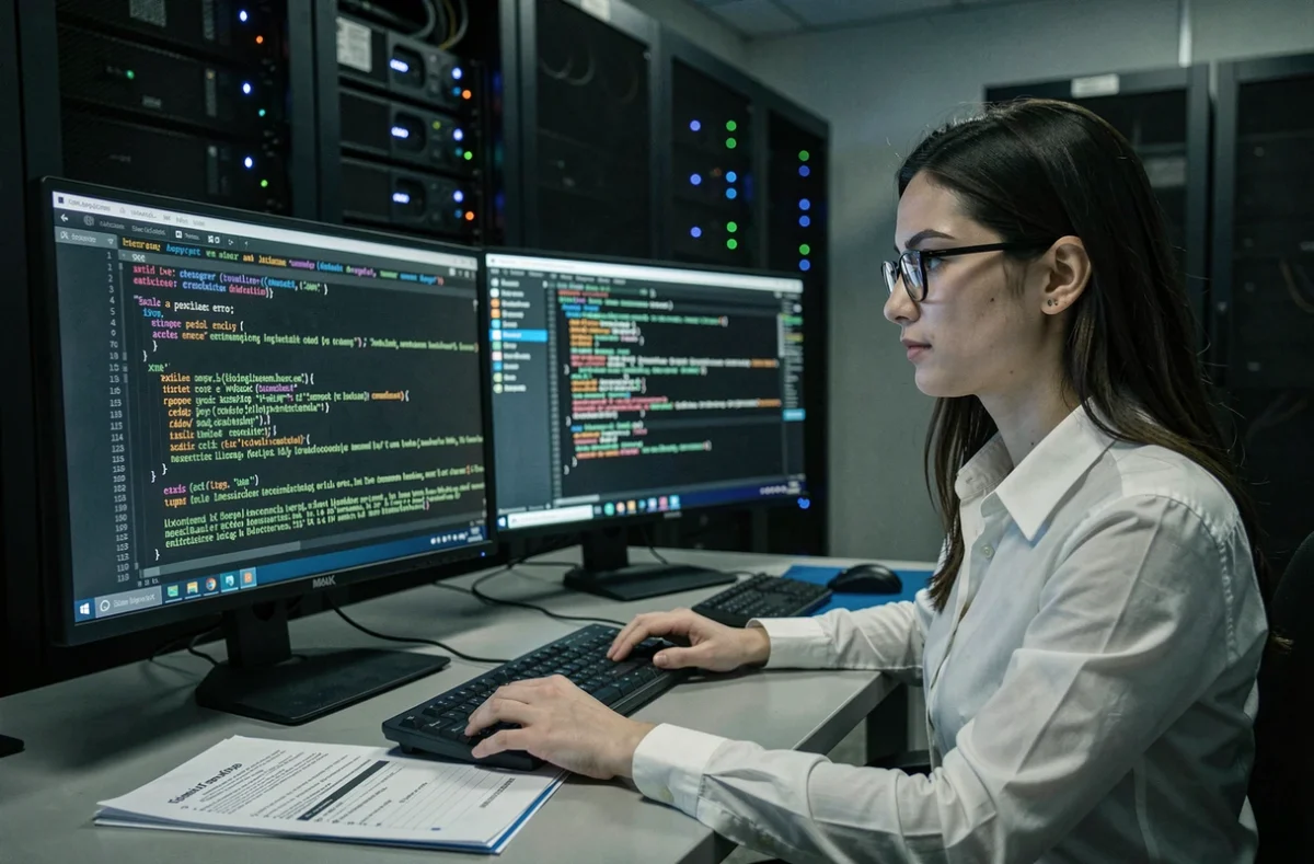 Analyste en cybersécurité examinant des logs d'erreurs de parsing XML Python sur un poste de travail sécurisé