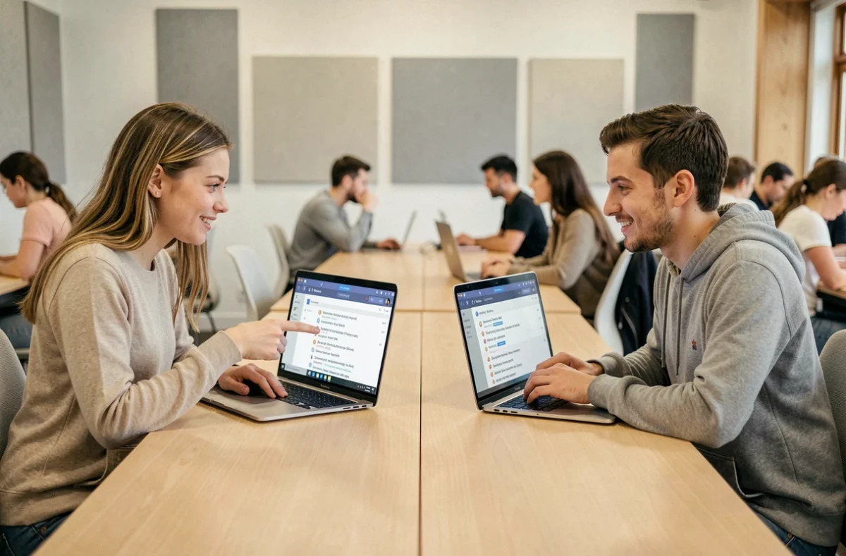 Deux débutants apprenant ensemble le vocabulaire RP et les codes d'un serveur Discord dans un espace de travail partagé