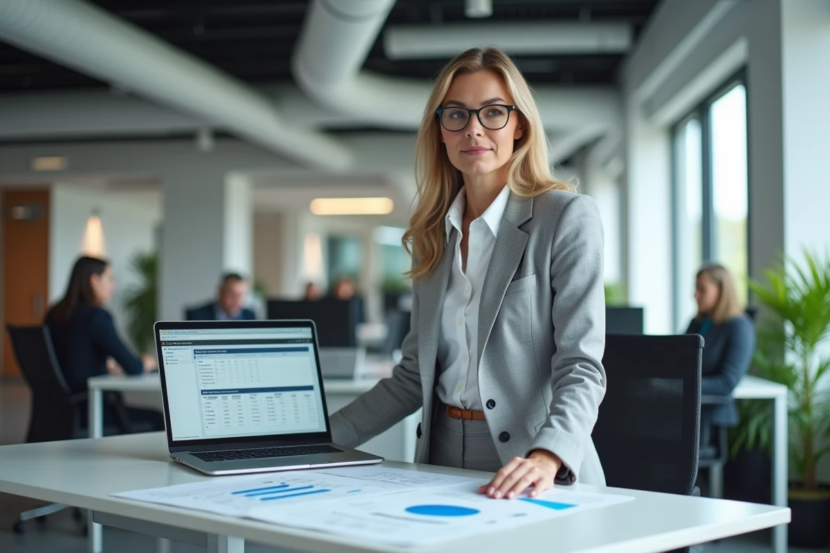Architecte système féminine examinant des rapports de benchmarks de performances VDI et Personal vDisk dans un bureau professionnel moderne