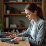 Femme organisant des archives personnelles sur disques durs et clé USB à côté d'un ordinateur portable affichant une interface de stockage en ligne