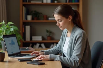 Femme organisant des archives personnelles sur disques durs et clé USB à côté d'un ordinateur portable affichant une interface de stockage en ligne