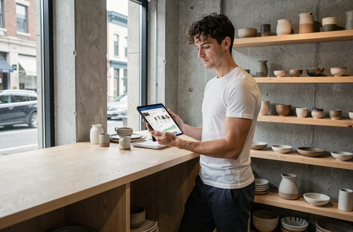 Artisan gérant sa boutique en ligne sans coder grâce à Wiz sur une tablette dans sa boutique physique