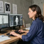 Artiste numérique travaillant sur un modèle IA Civitai dans son studio créatif avec deux écrans affichant des œuvres stylisées