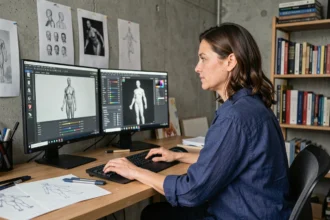 Artiste numérique travaillant sur un modèle IA Civitai dans son studio créatif avec deux écrans affichant des œuvres stylisées