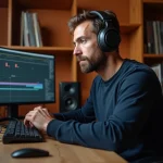 Audiophile homme avec casque haute fidélité devant logiciel d'édition audio pour conversion WAV haute résolution