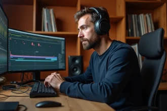 Audiophile homme avec casque haute fidélité devant logiciel d'édition audio pour conversion WAV haute résolution