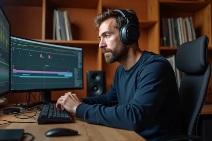 Audiophile homme avec casque haute fidélité devant logiciel d'édition audio pour conversion WAV haute résolution