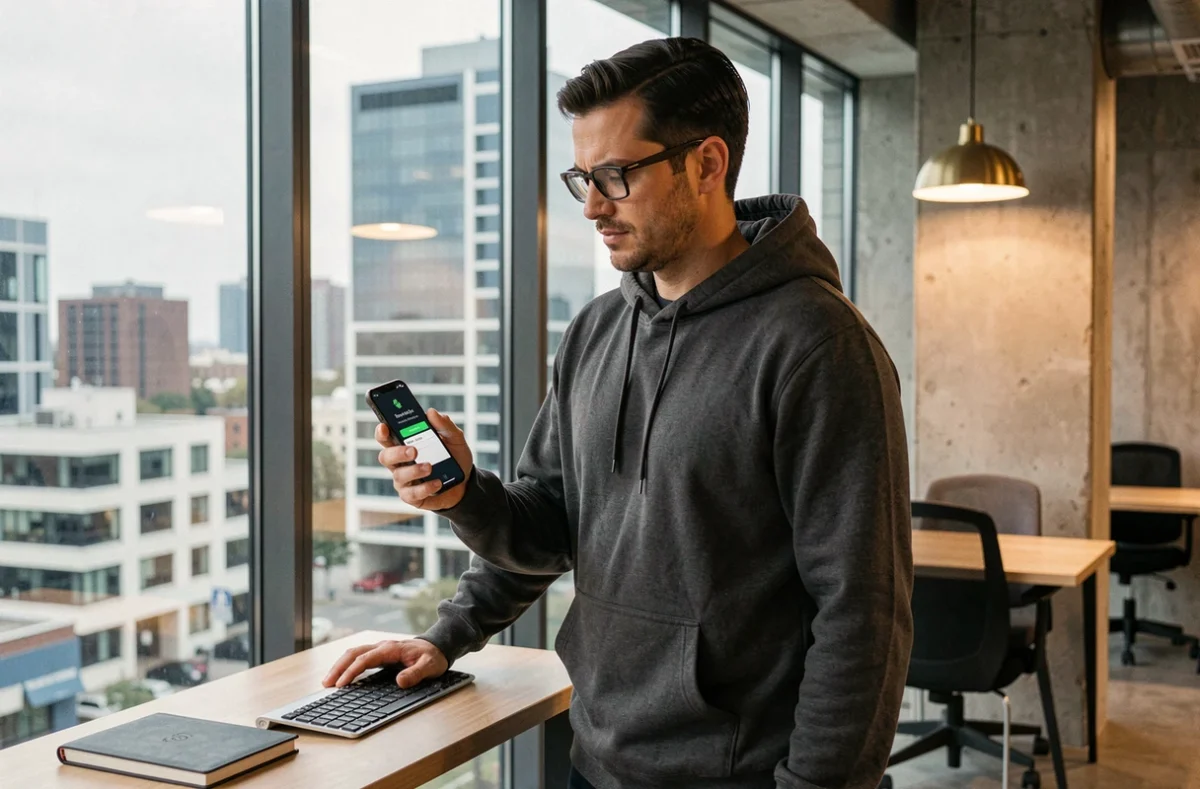 Homme en espace de coworking utilisant l'authentification à deux facteurs pour sécuriser son webmail