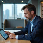 Avocat en costume bleu examinant documents juridiques numériques