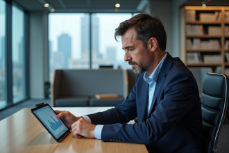 Avocat en costume bleu examinant documents juridiques numériques