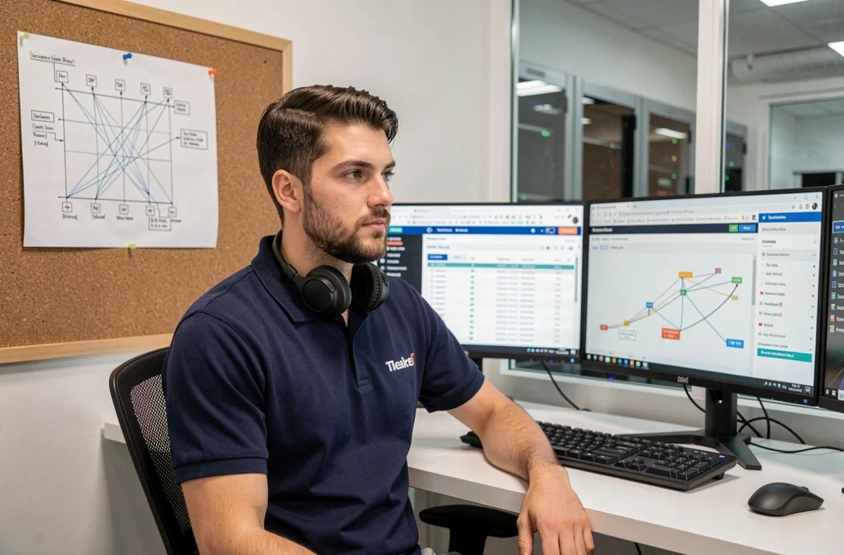 Technicien informatique Axido assis à son bureau avec des écrans de supervision réseau dans un bureau moderne