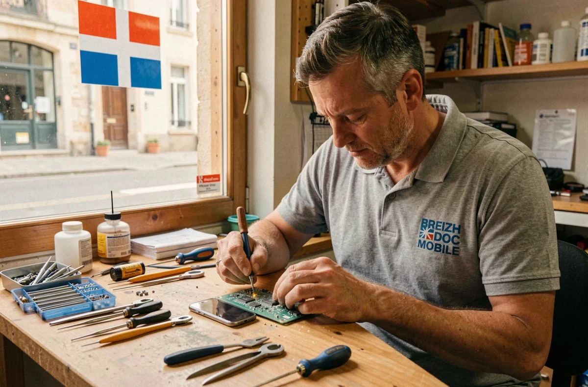 Technicien Breizh Doc Mobile à Chartres-de-Bretagne soudant un composant sur une carte mère de smartphone