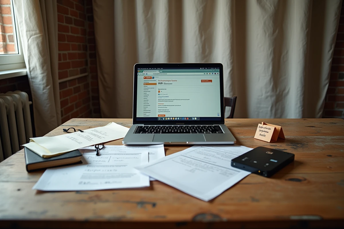Bureau encombré avec un ordinateur portable ouvert sur un site de stockage de fichiers, des disques durs externes et des documents imprimés annotés