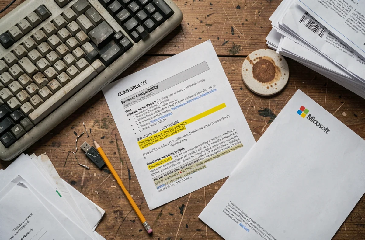 Vue aérienne d'un bureau informatique avec des documents techniques sur les technologies web obsolètes dont Silverlight, illustrant sa disparition des navigateurs