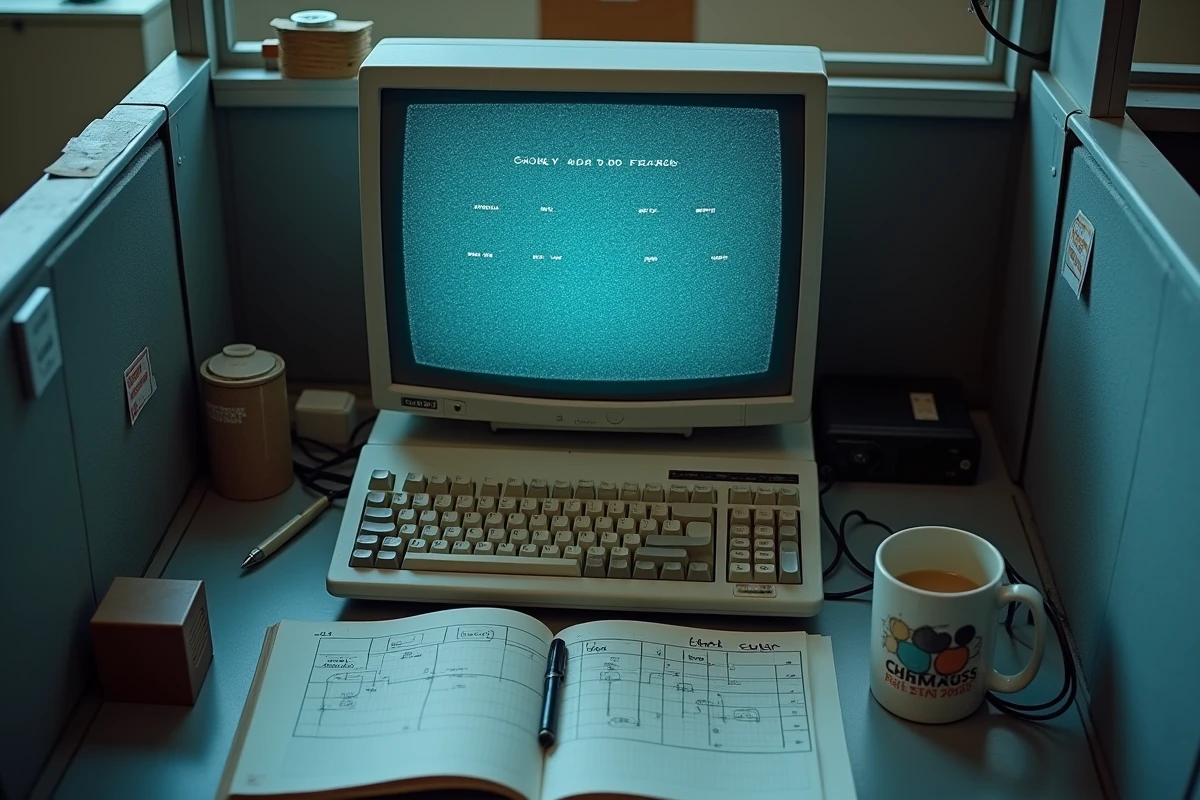 Vue aérienne d'un bureau vintage avec un écran de démineur bloqué entouré de notes logiques manuscrites sur papier millimétré