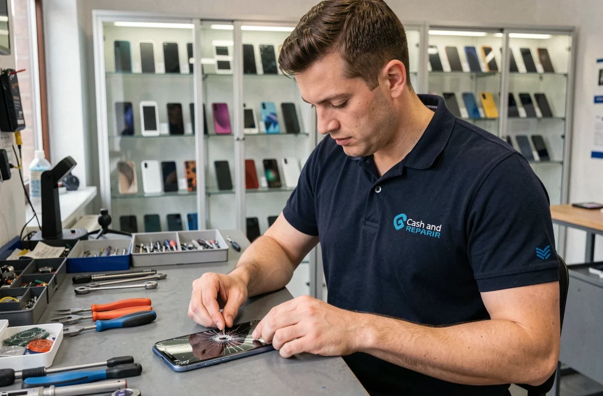 Technicien Cash and Repair Rennes remplaçant l'écran d'un smartphone sur son établi