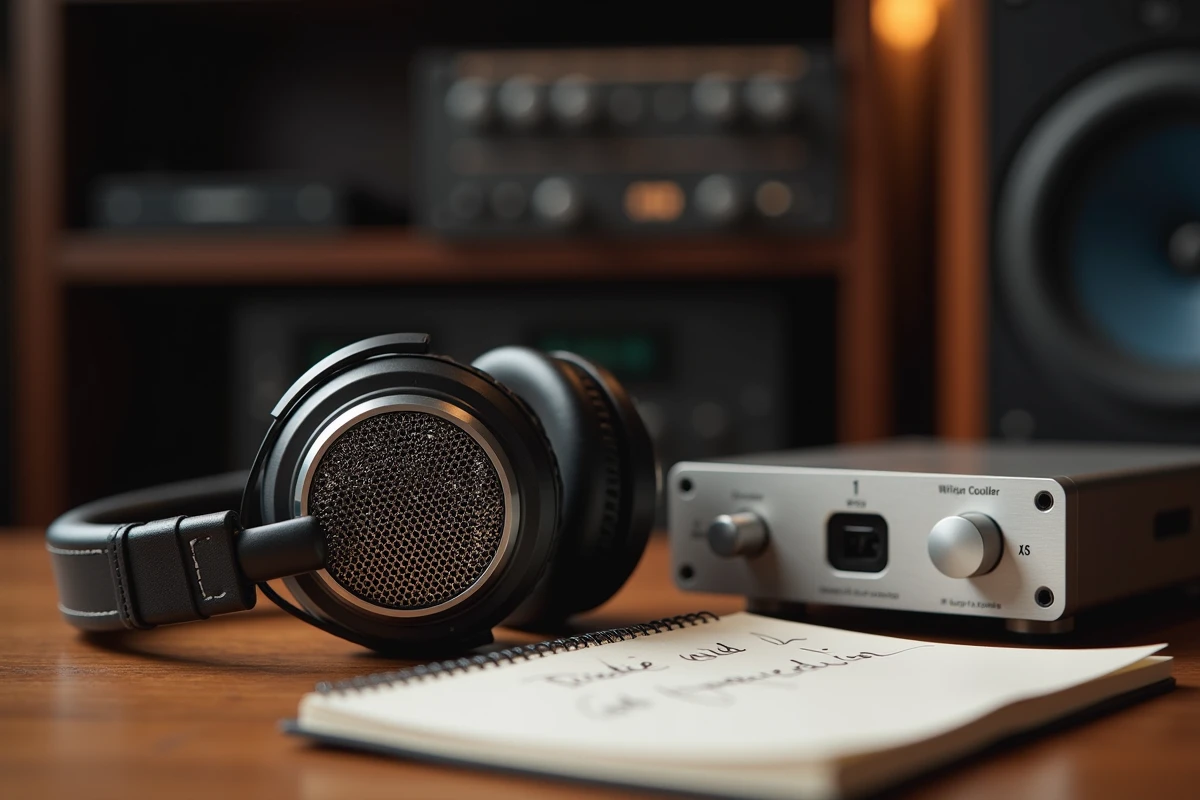 Casque audiophile haute fidélité et lecteur audio numérique haute résolution sur bureau de studio d'enregistrement