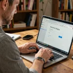 Homme changeant le mot de passe WiFi depuis l'interface d'administration du routeur sur un ordinateur portable
