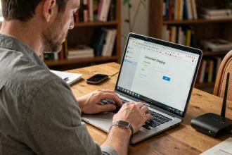 Homme changeant le mot de passe WiFi depuis l'interface d'administration du routeur sur un ordinateur portable