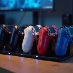 Station de recharge multi-ports pour manettes PS4 avec quatre DualShock 4 connectées sur un bureau gaming en bois