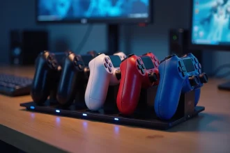 Station de recharge multi-ports pour manettes PS4 avec quatre DualShock 4 connectées sur un bureau gaming en bois