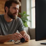Homme branchant un Chromecast sur le port HDMI d'un téléviseur dans un salon moderne