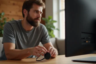 Homme branchant un Chromecast sur le port HDMI d'un téléviseur dans un salon moderne