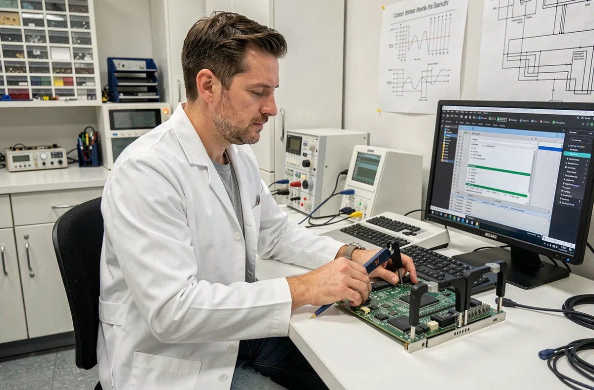Technicien Chronomicro analysant une carte mère d'ordinateur portable dans un laboratoire de réparation électronique