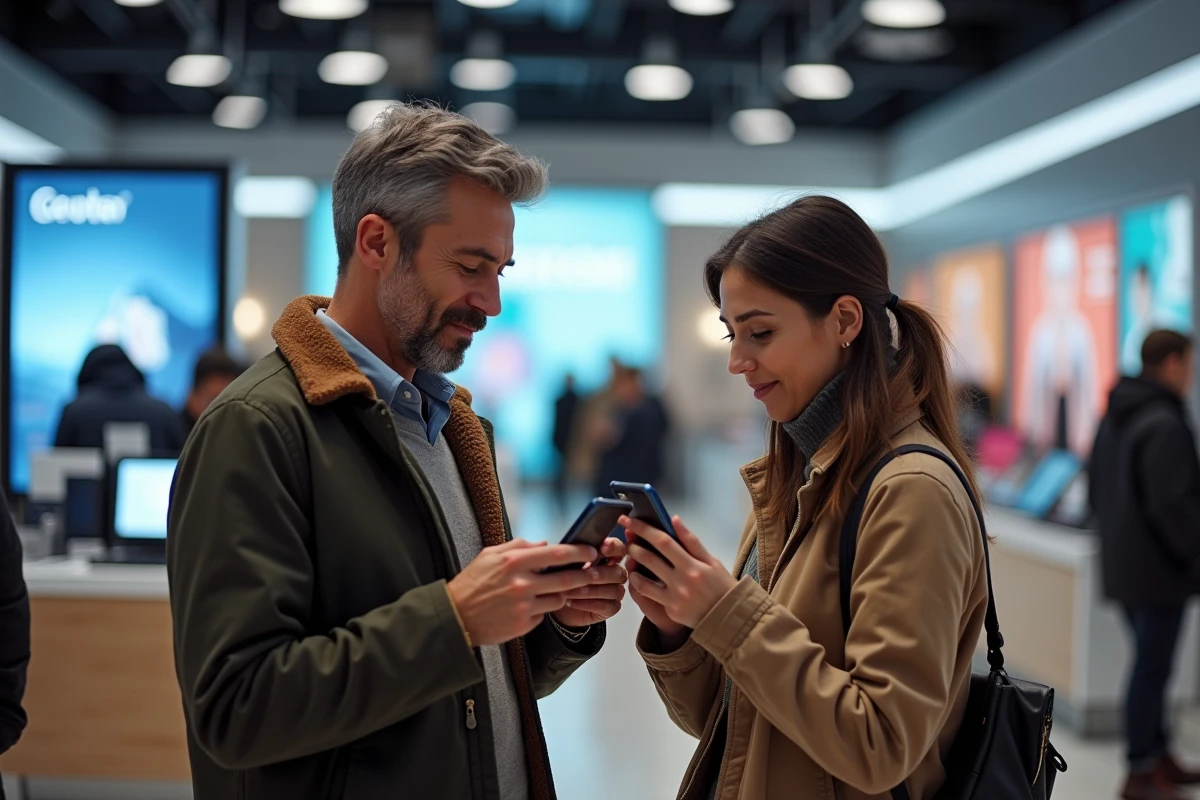 Deux clients comparant des smartphones en magasin d'électronique lors d'une conversation animée