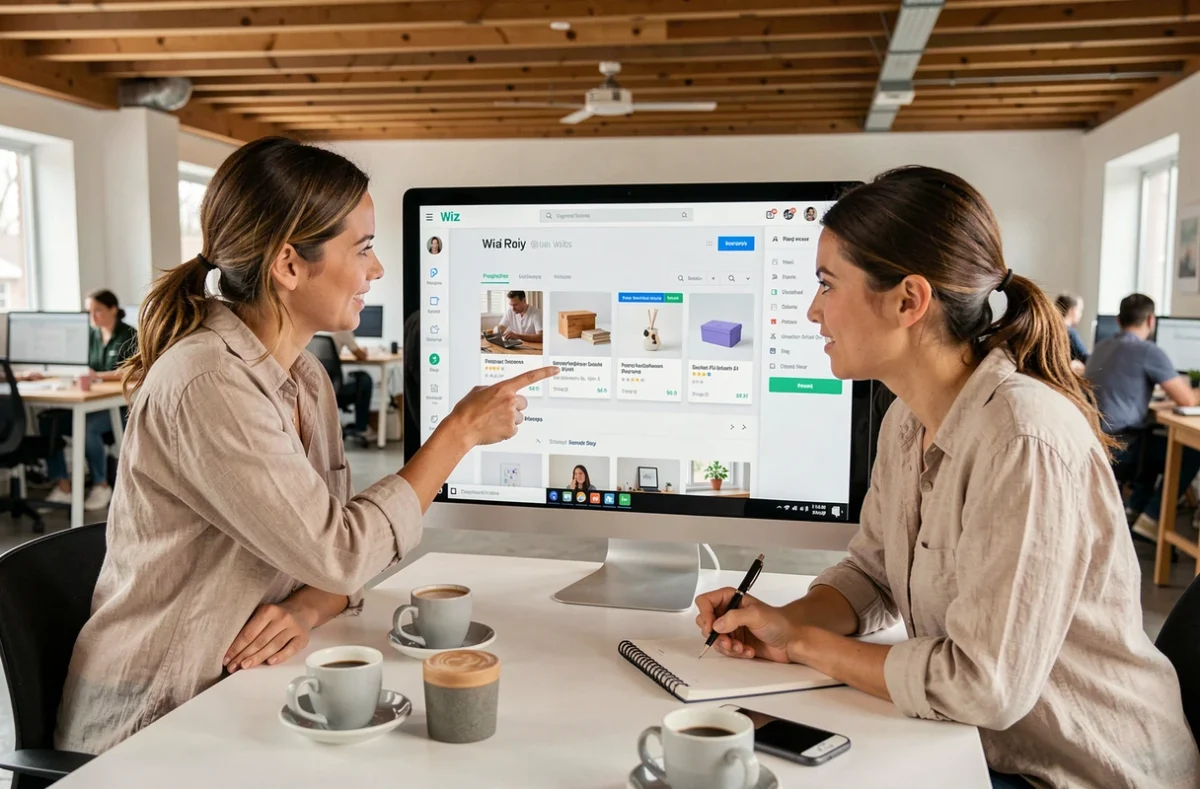 Deux entrepreneures collaborant sur la création d'un site e-commerce Wiz dans un espace de coworking