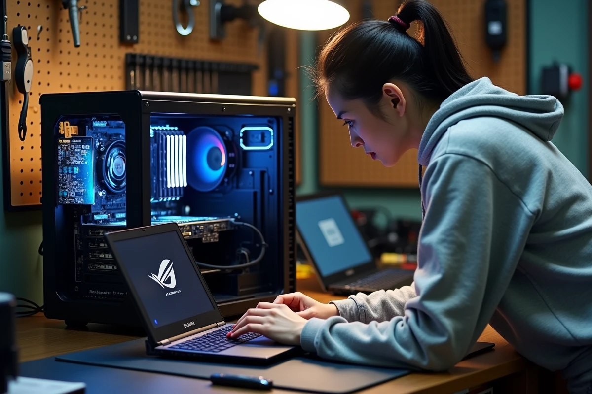 Technicienne comparant des cartes mères AORUS Elite Pro et Master sur un établi d'atelier informatique