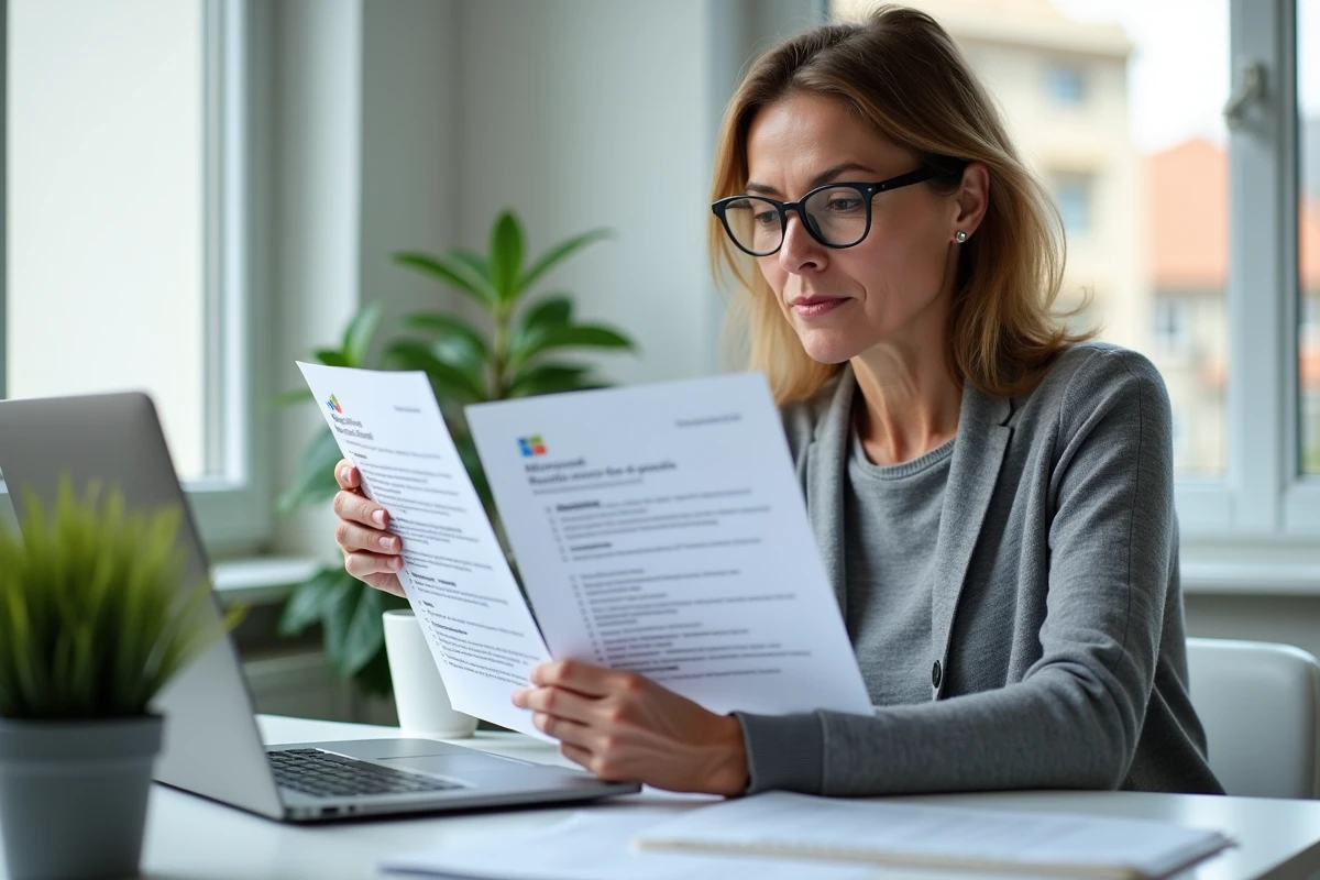 Femme comparant les options d'ISO officiel et version modifiée de Windows 7 avec des documents imprimés sur un bureau moderne