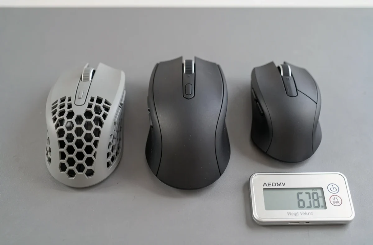 Comparatif de trois souris gaming sans fil de différentes tailles et formes avec balance de précision pour mesure du poids