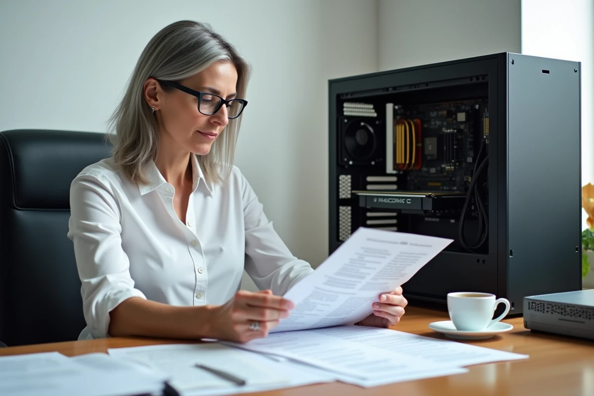 Femme consultant la documentation de compatibilité matérielle pour Windows 7 avec un PC ouvert sur le bureau