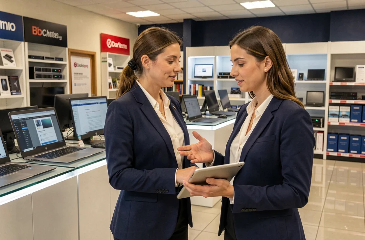 Consultante Computerland dans un showroom informatique B2B présentant des solutions matérielles professionnelles