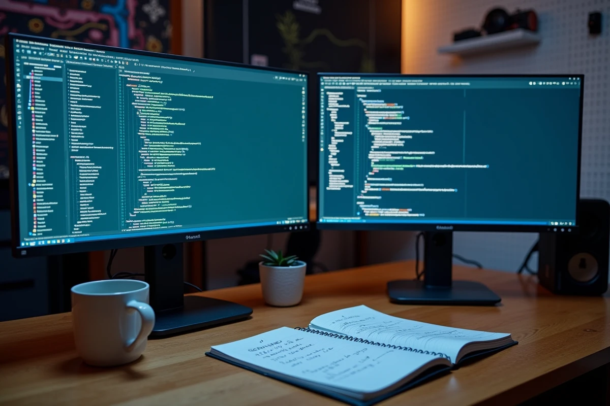 Station de travail avec écrans affichant la configuration d'une clé de licence FiveM et des notes de migration serveur